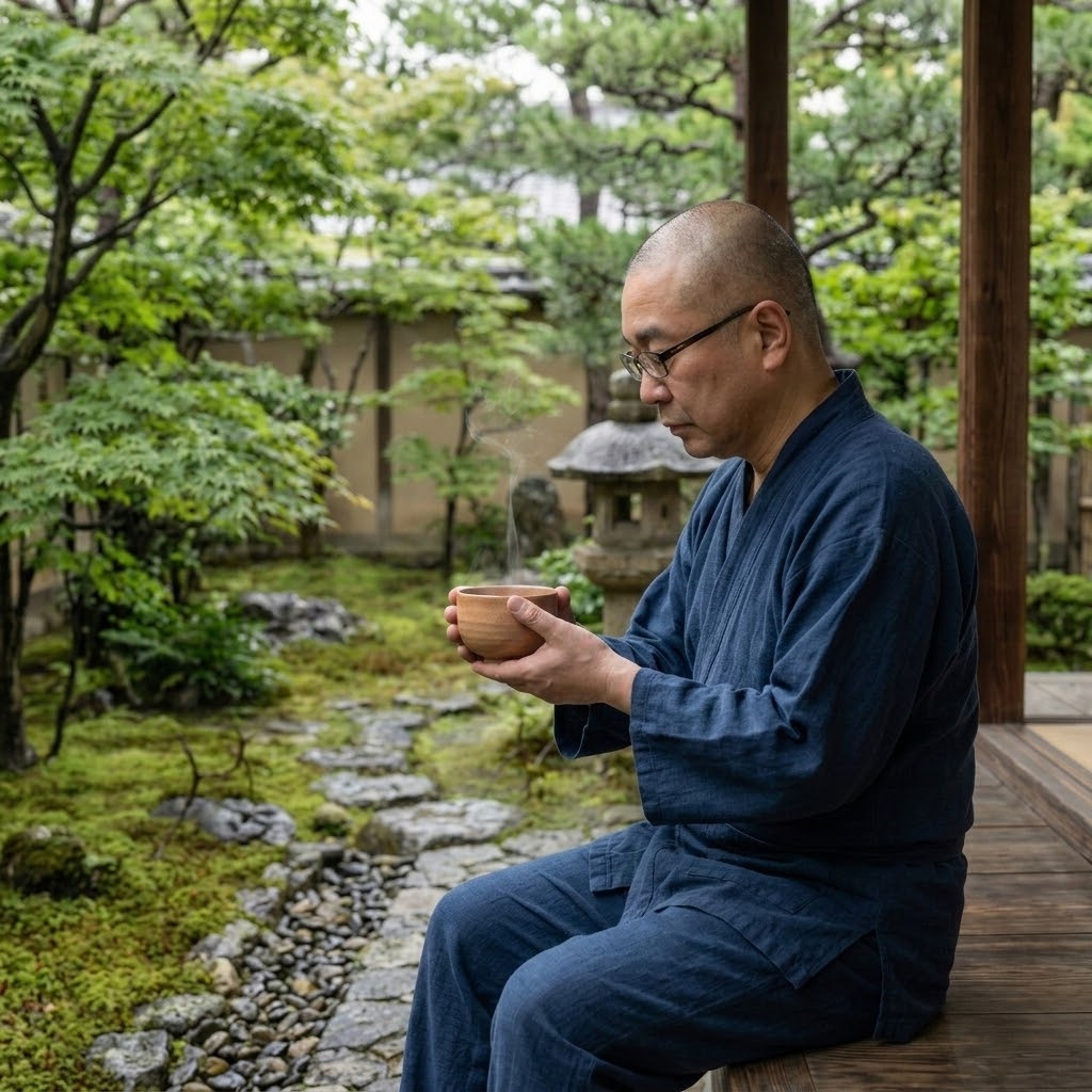 Osho Shin holding a tea bowl